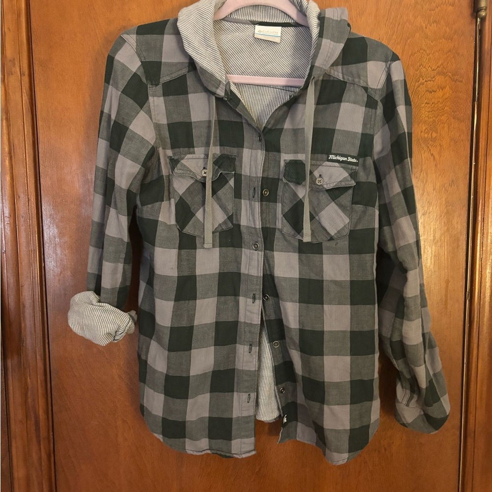 Michigan State MSU Green Gray Plaid Hooded Flannel Shirt by Columbia Size M